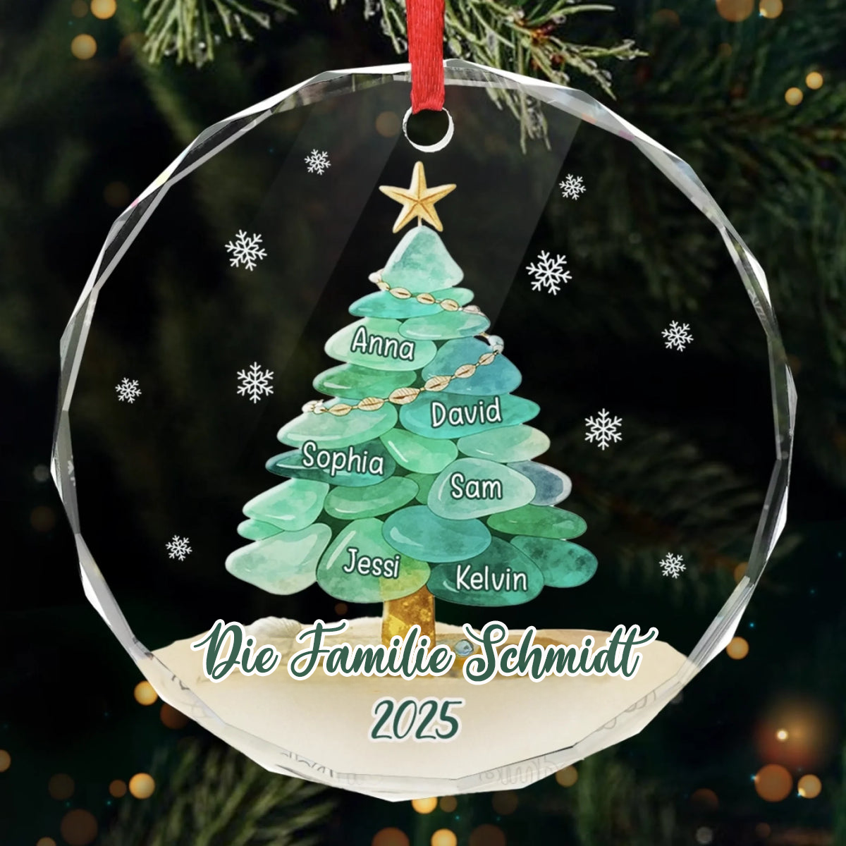 Personalisiertes Glasornament mit Meerglasmotiv Christbaumschmuck mit Tannenbaummotiv