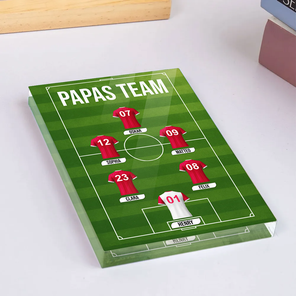 Papas Fußball Team-Acrylblock mit Trikots und Text Geschenk für Papa und Fußballfans