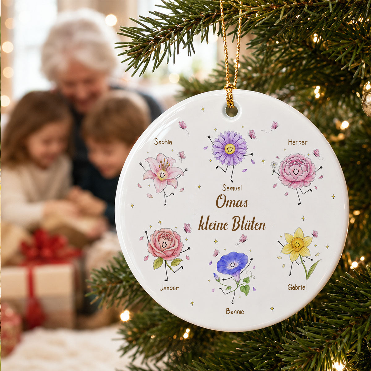 Personalisierter Keramik-Weihnachtsanhänger mit Geburtsblumen & Namen
