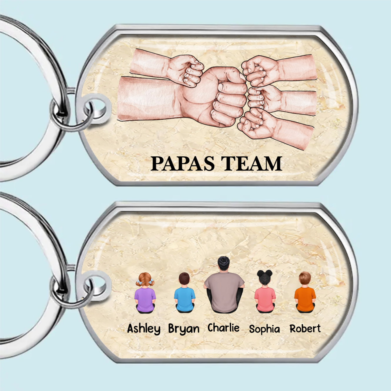 Papa und Kinder Fausstoß-Edelstahl-Schlüsselanhänger mit Expoxidharz