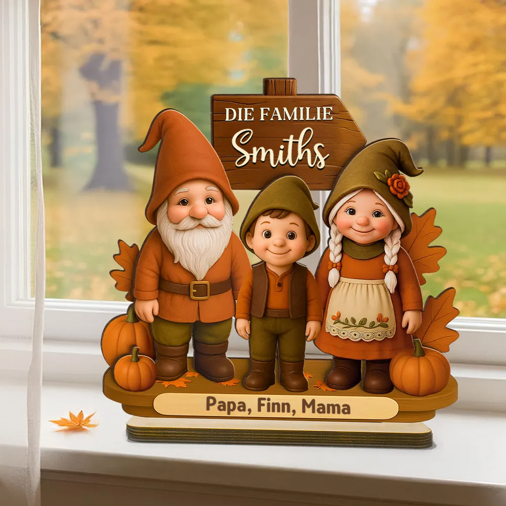 Gnomenfamilie Herbstsaison Holzplakette mit Namen