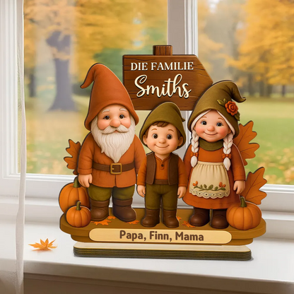 Gnomenfamilie Herbstsaison Holzplakette mit Namen