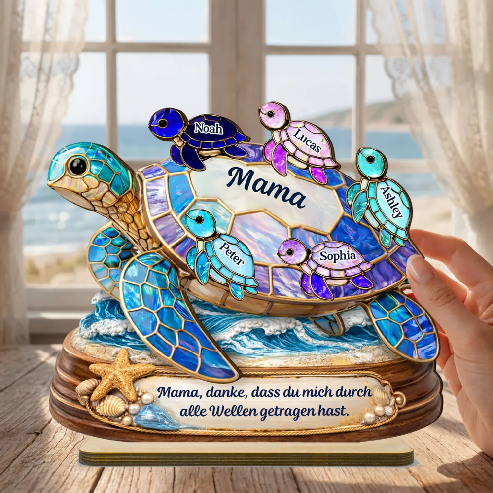 Schildkrötenmama/-oma mit Kindern-Personalisierter Holzaufsteller mit Namen und Text