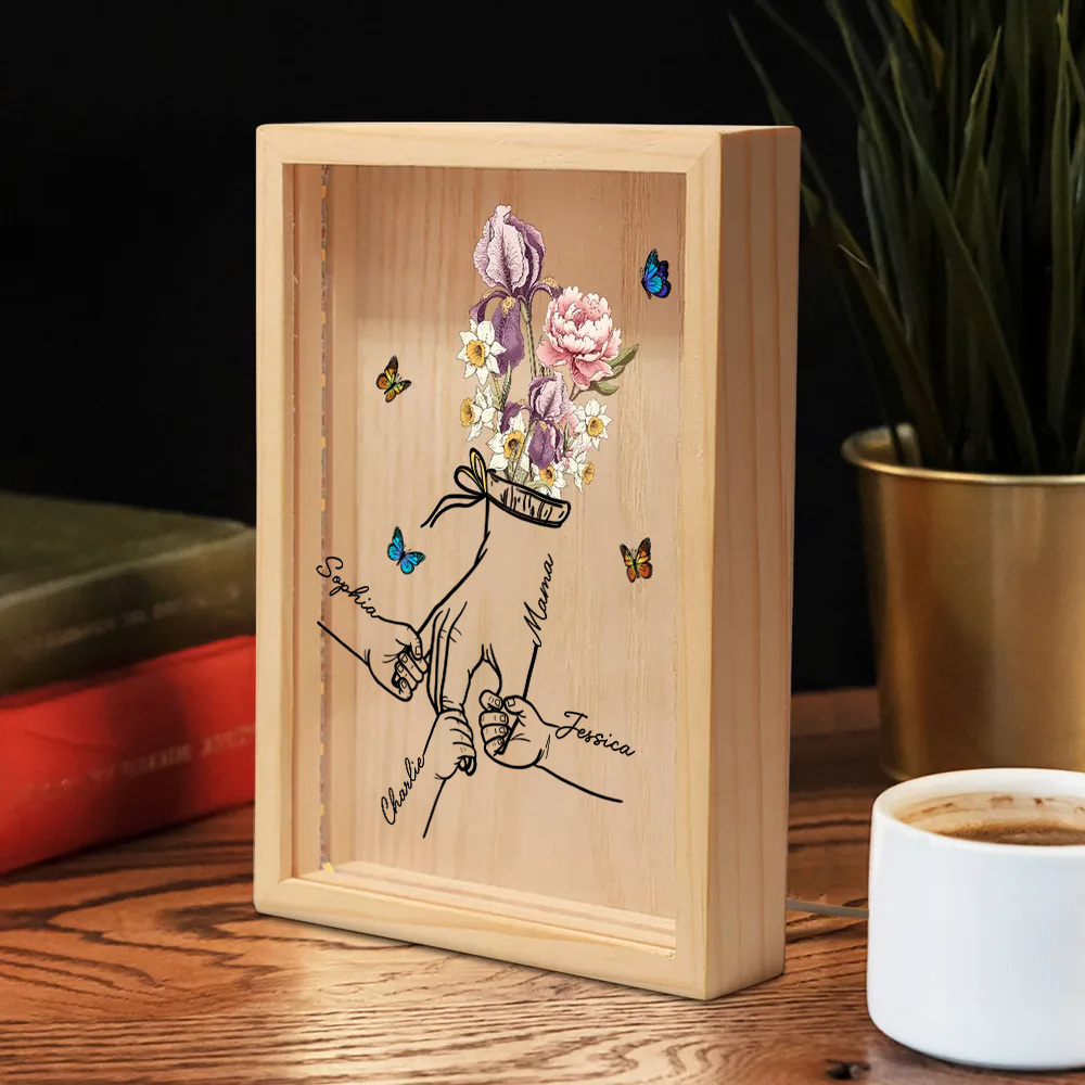 Holzrahmen-Lichtbox mit Geburtsblumen und Händen Geschenk für Mama und Oma