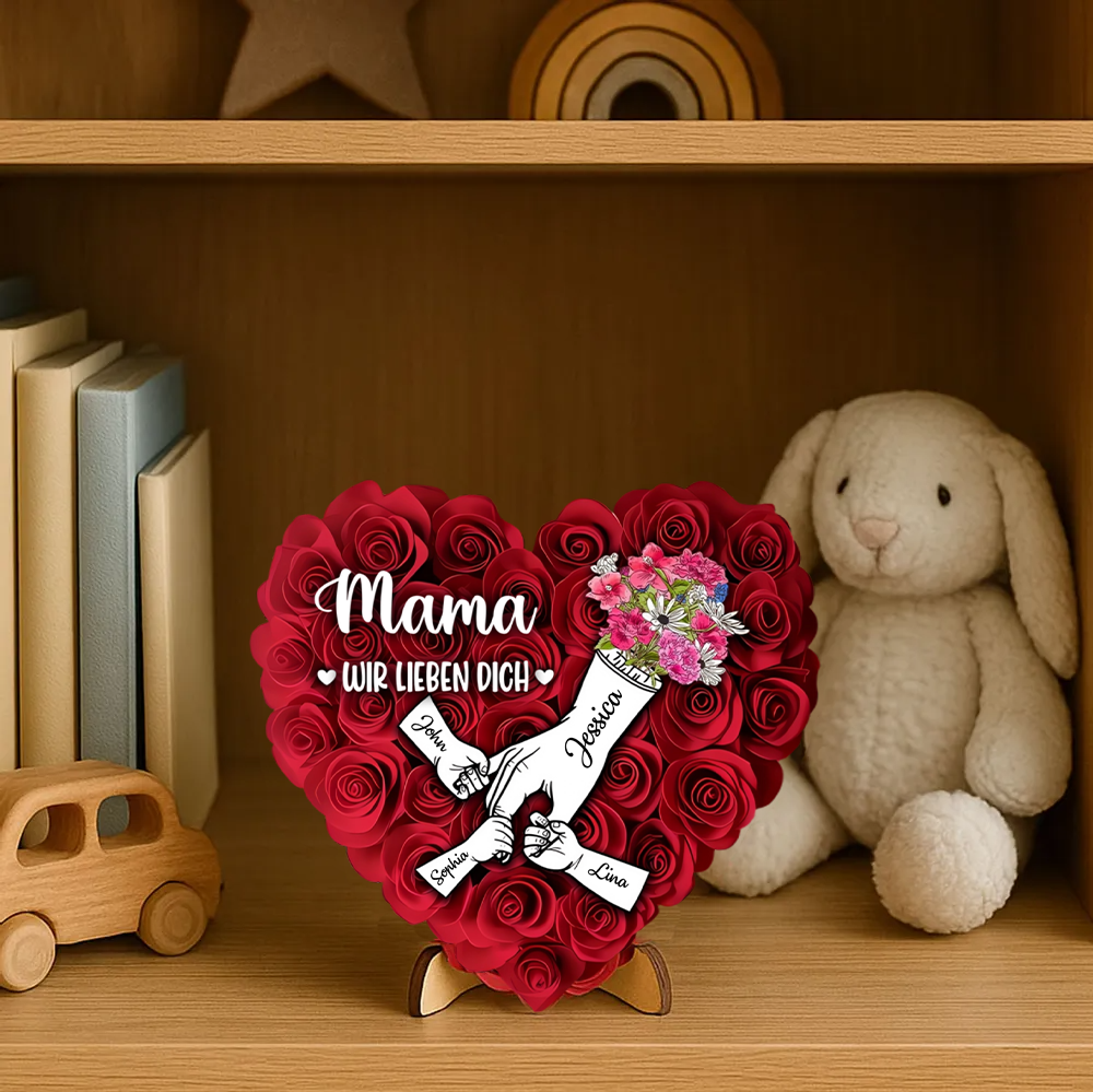 Hand-in-Hand Personalisierter Holzaufsteller mit Rosen Geschenk für Mama und Oma
