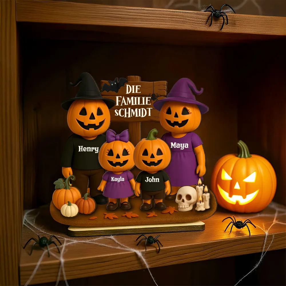 Halloween Familie mit Kürbissen - Personalisierte Holzplakette mit Namen