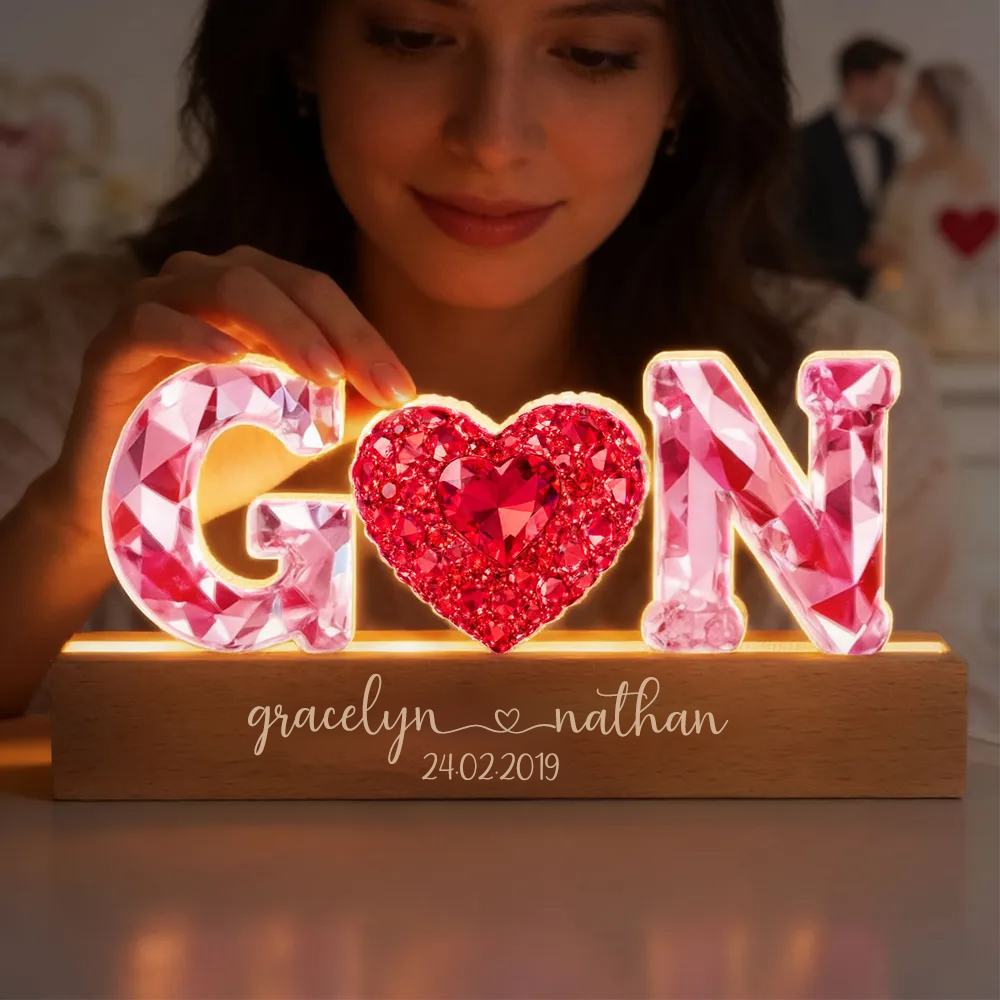 Rosa Herz - Personalisierte LED-Nachtlicht mit 2 Buchstaben für Paar