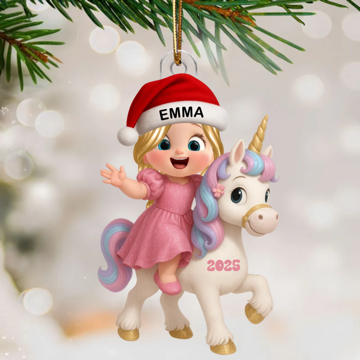 Cartoon-Kind mit Einhorn – personalisiertes flaches Acryl-Weihnachtsornament