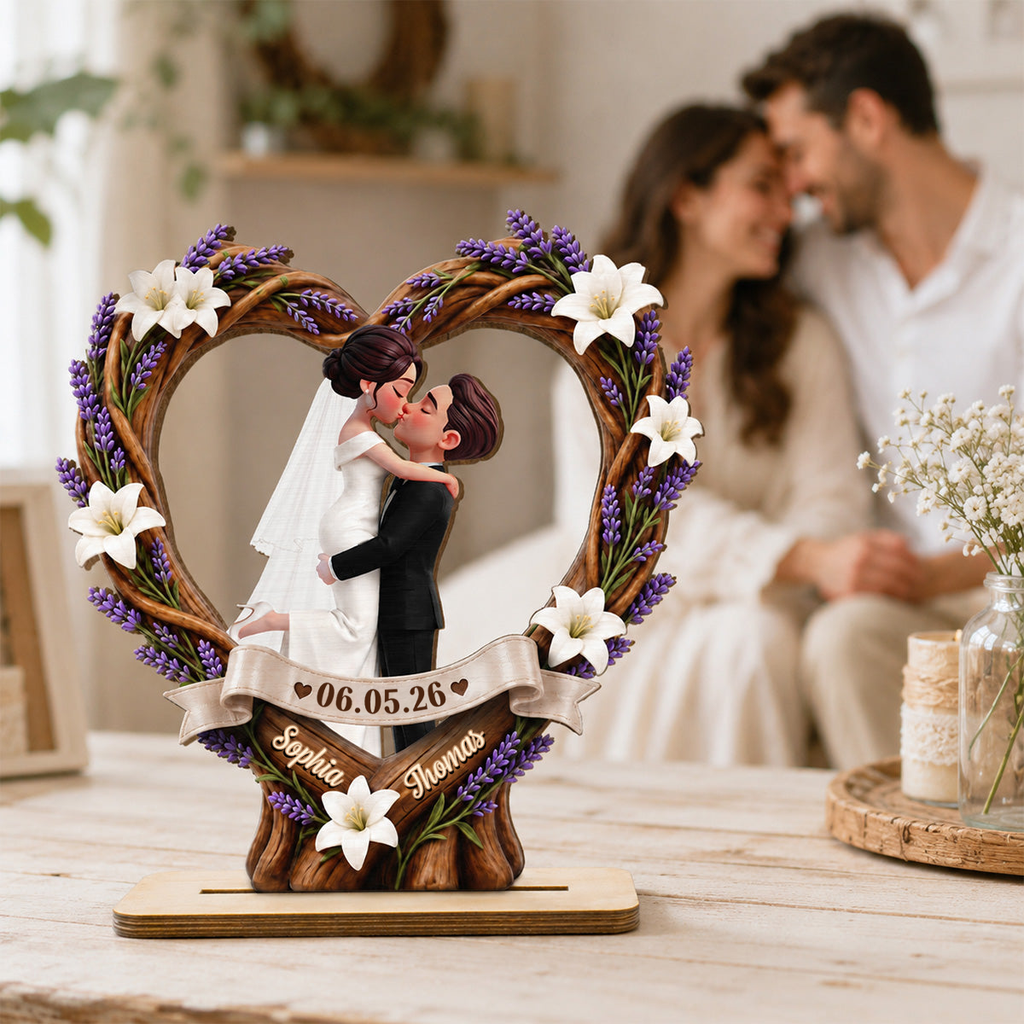 Personalisierter Herz-Holzaufsteller zur Hochzeit mit Namen und Datum