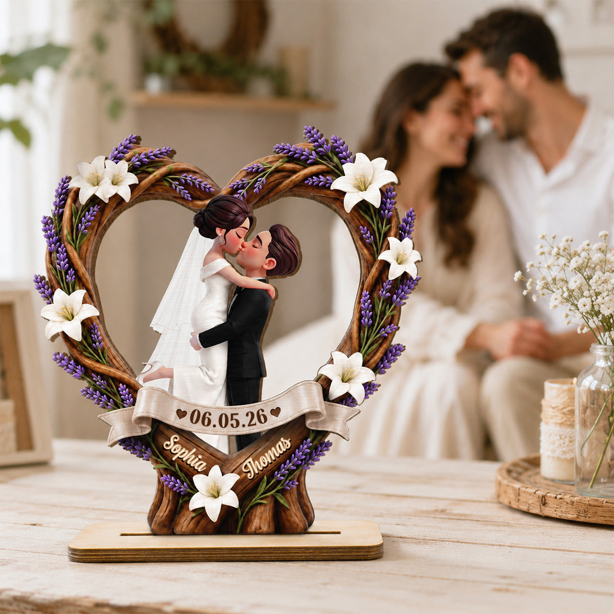 Personalisierter Herz-Holzaufsteller zur Hochzeit mit Namen und Datum