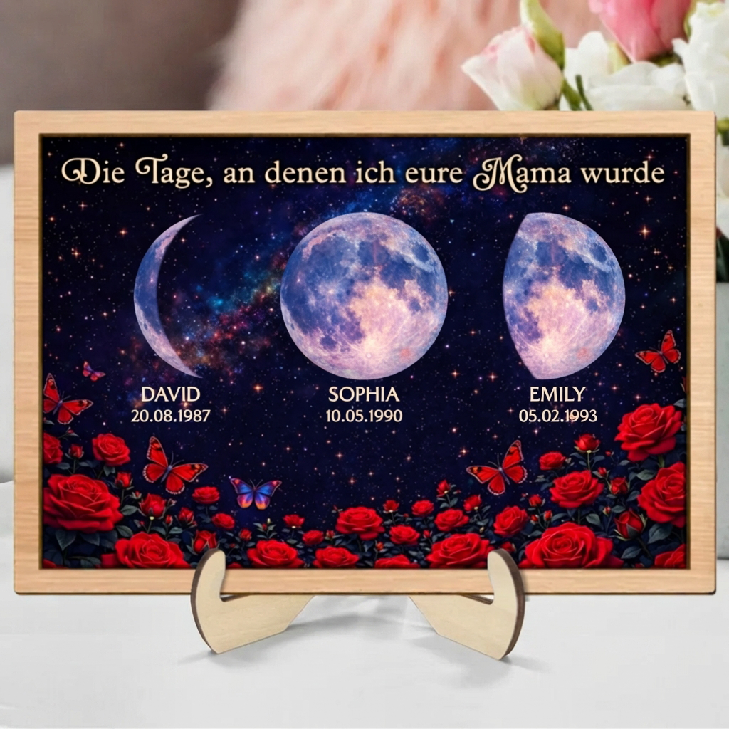 Rosen und Mondphasen - Personalisierter Holzaufsteller für Mama