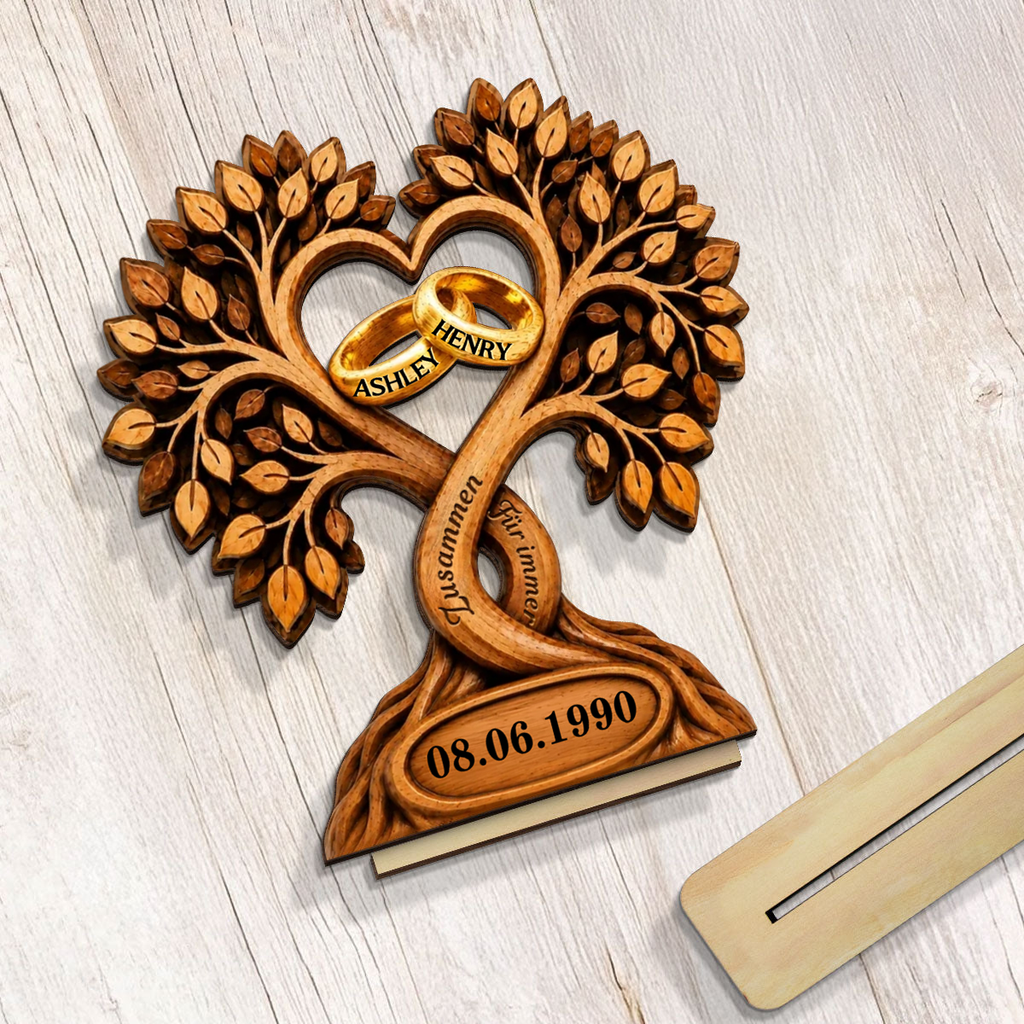 Personalisierter Holzaufsteller zum Jahrestag – Baum- & Ringmotiv mit Namen