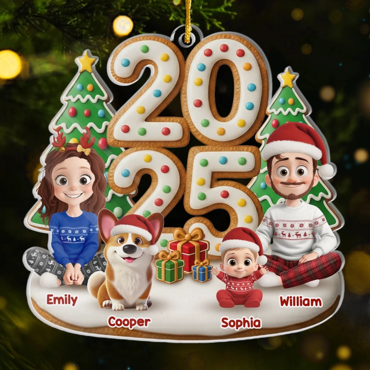 2025 Familie-Eltern mit Kinder, Hund und Katze Acrylornament Christbaumschmuck