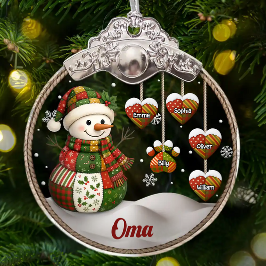 „Retro Schneemann“ Personalisierter Glasornament mit Silberkappe Christbaumschmuck für Oma