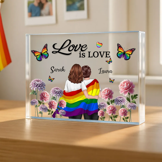 Personalisierte Acryltafel mit Regenbogenmotiv und 2 Figuren bedruckt Geschenk für LGBT Paare