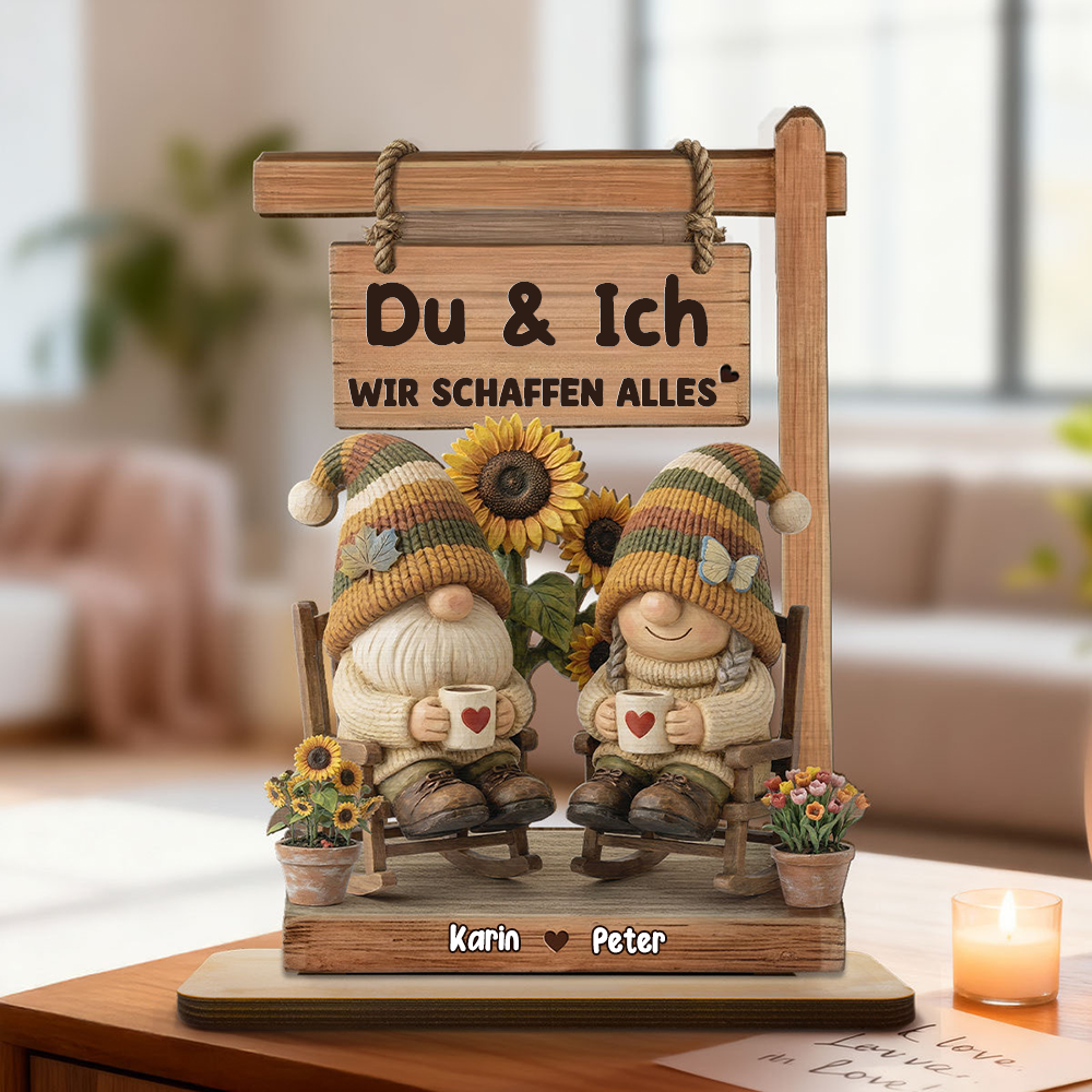 Personalisierter Holzaufsteller mit Zwergenmotiv für Paar