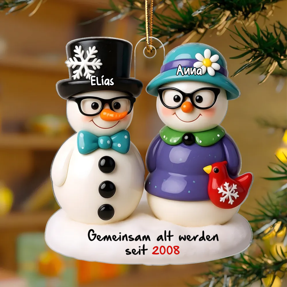 Schneemannpaar - Personalisiertes Christbaumschmuckmit Namen