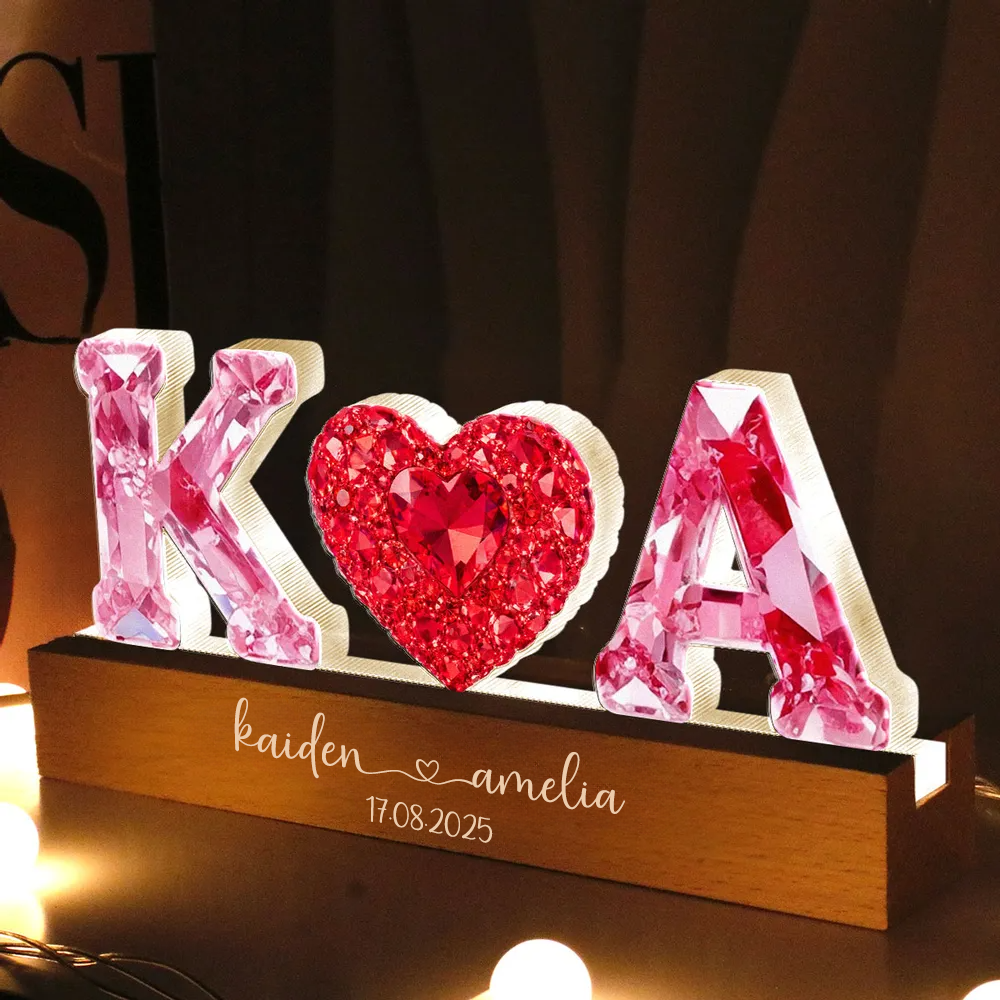 Rosa Herz - Personalisierte LED-Nachtlicht mit 2 Buchstaben für Paar