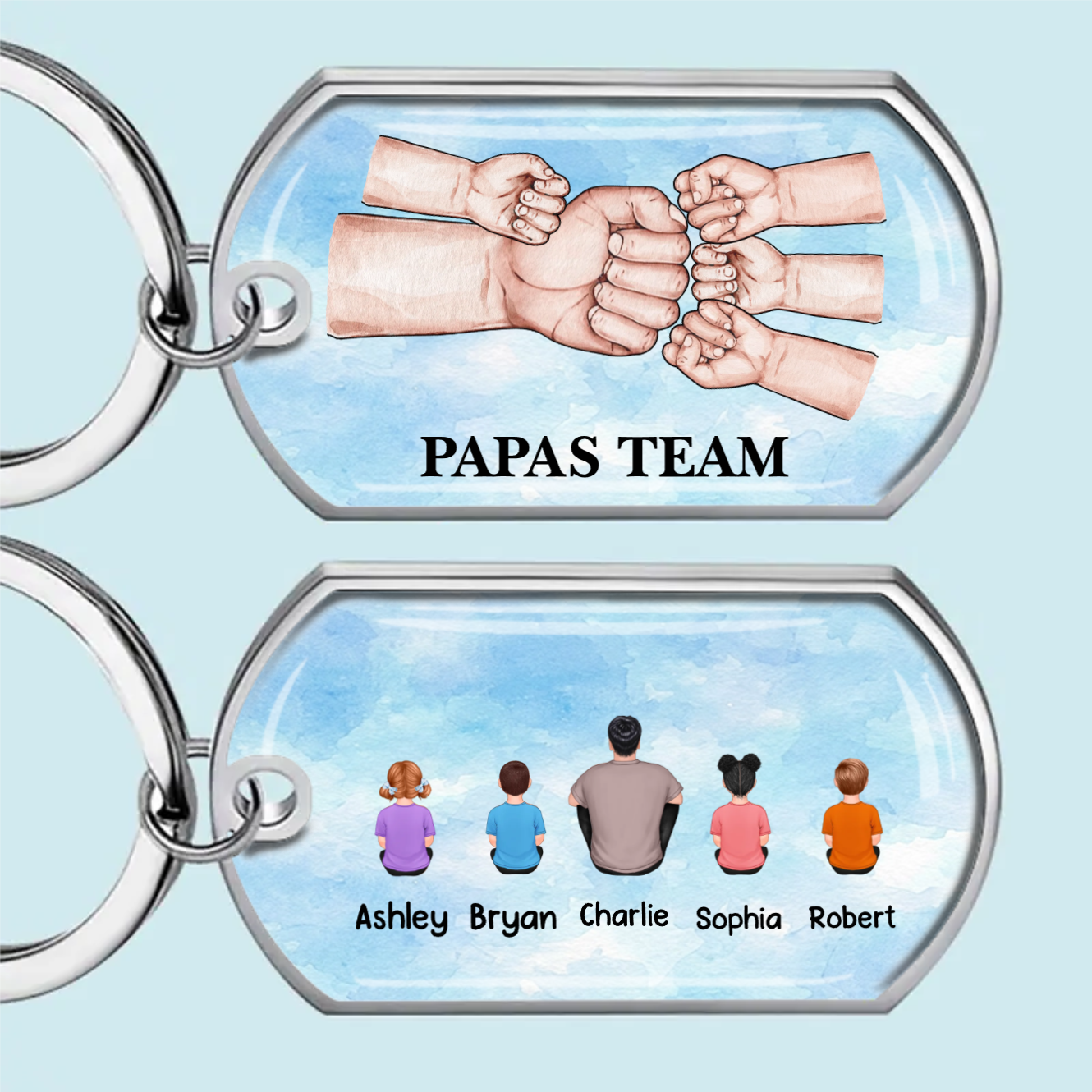 Papa und Kinder Fausstoß-Edelstahl-Schlüsselanhänger mit Expoxidharz