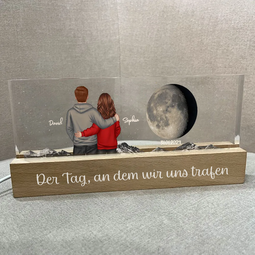 Paar unter dem Mond-Personalisierte LED-Nachtlicht mit Mondphase, Paar und Text