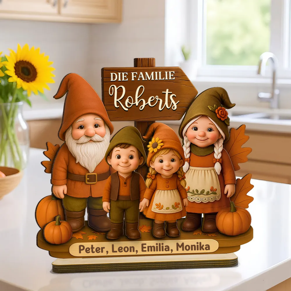 Gnomenfamilie Herbstsaison Holzplakette mit Namen