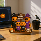 Halloween Familie mit Kürbissen - Personalisierte Holzplakette mit Namen