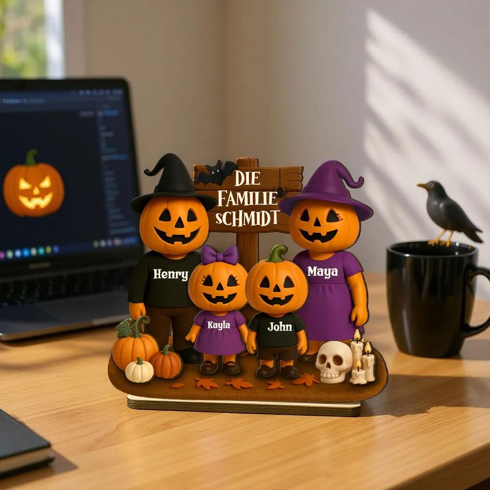 Halloween Familie mit Kürbissen - Personalisierte Holzplakette mit Namen