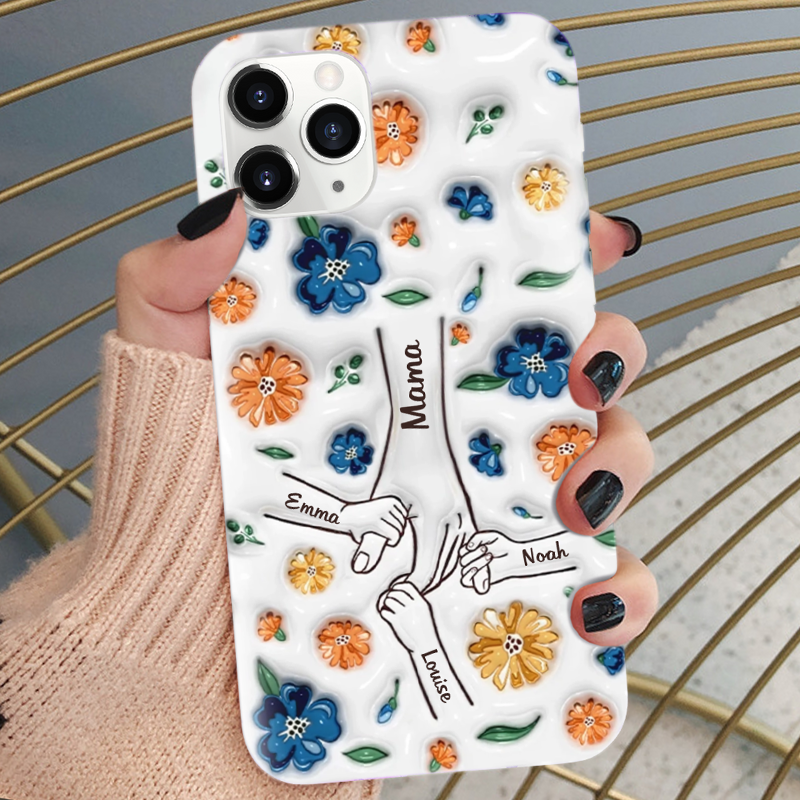 Hand-in-Hand Silikonhandyhülle für iPhone und Samsung mit Namen und Blumen Geschenk für Mama und Oma