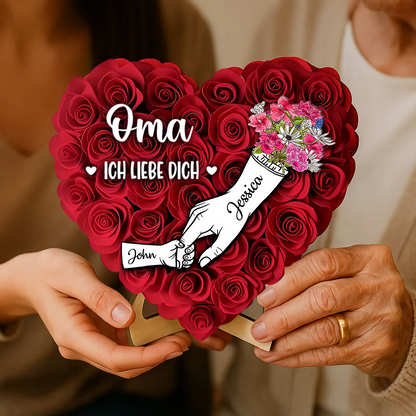 Hand-in-Hand Personalisierte Holztafel mit Rosen Geschenk für Mama und Oma