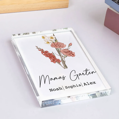 Personalisierter Acrylblock mit Geburtsblumenstrauß, Text und Namen Geschenk für Mama und Oma