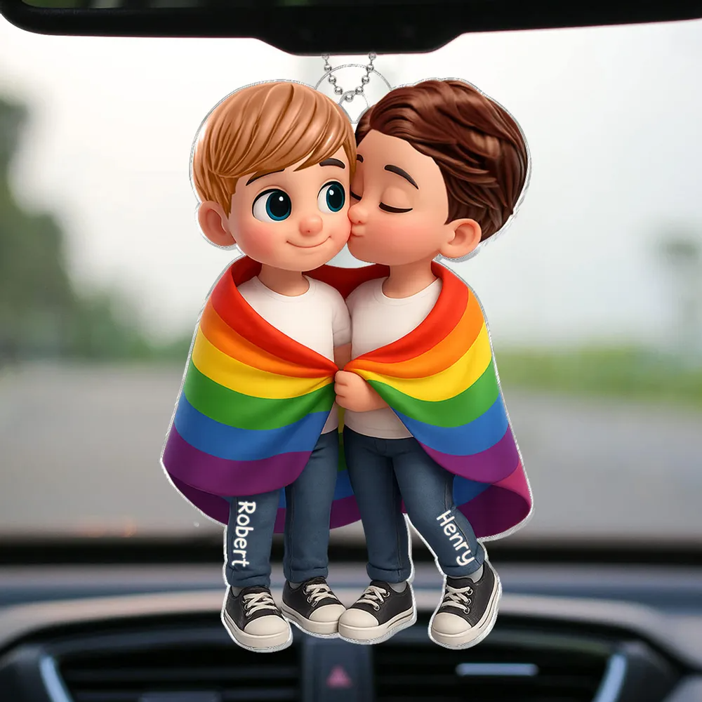 Paar mit Regenbogendecke-Personalisierter Autoanhänger aus Acryl Geschenk für LGB-Paare