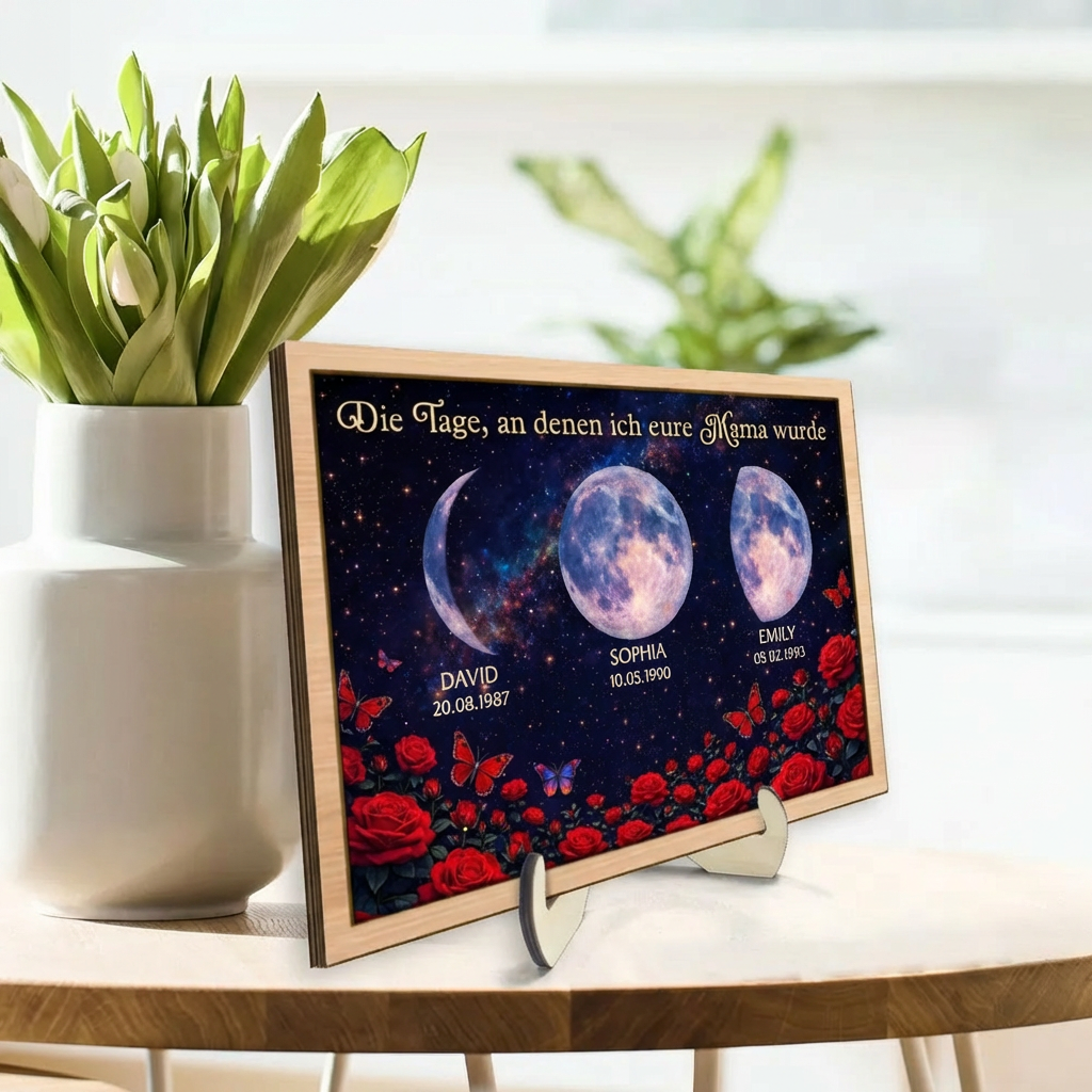 Rosen und Mondphasen - Personalisierter Holzaufsteller für Mama