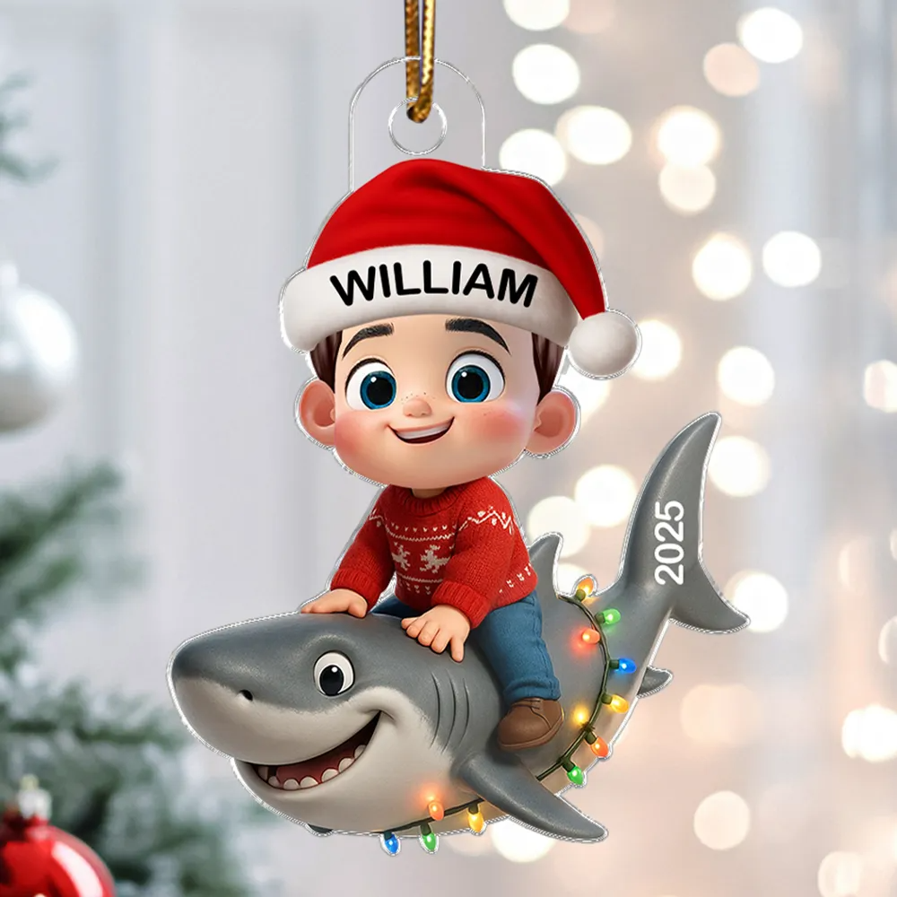 Süßes Kind mit Dinosaurier – Personalisierte Acryl-Weihnachtsanhänger – Lustiges Geschenk für Kinder & Enkel