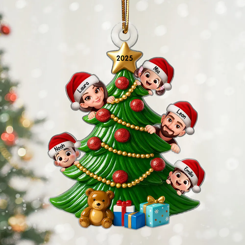 Personalisierter Acrylanhänger mit Eltern und Kinder Christbaumschmuck mit Tannenbaum
