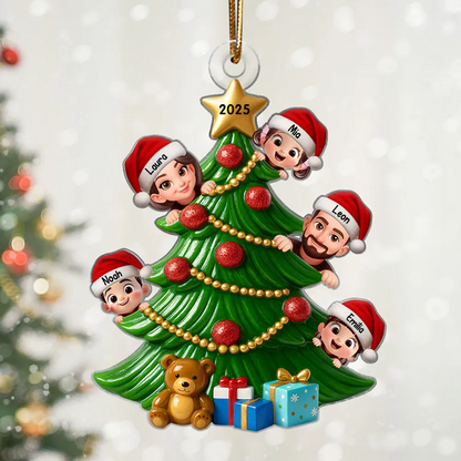 Personalisierter Acrylanhänger mit Eltern und Kinder Christbaumschmuck mit Tannenbaum