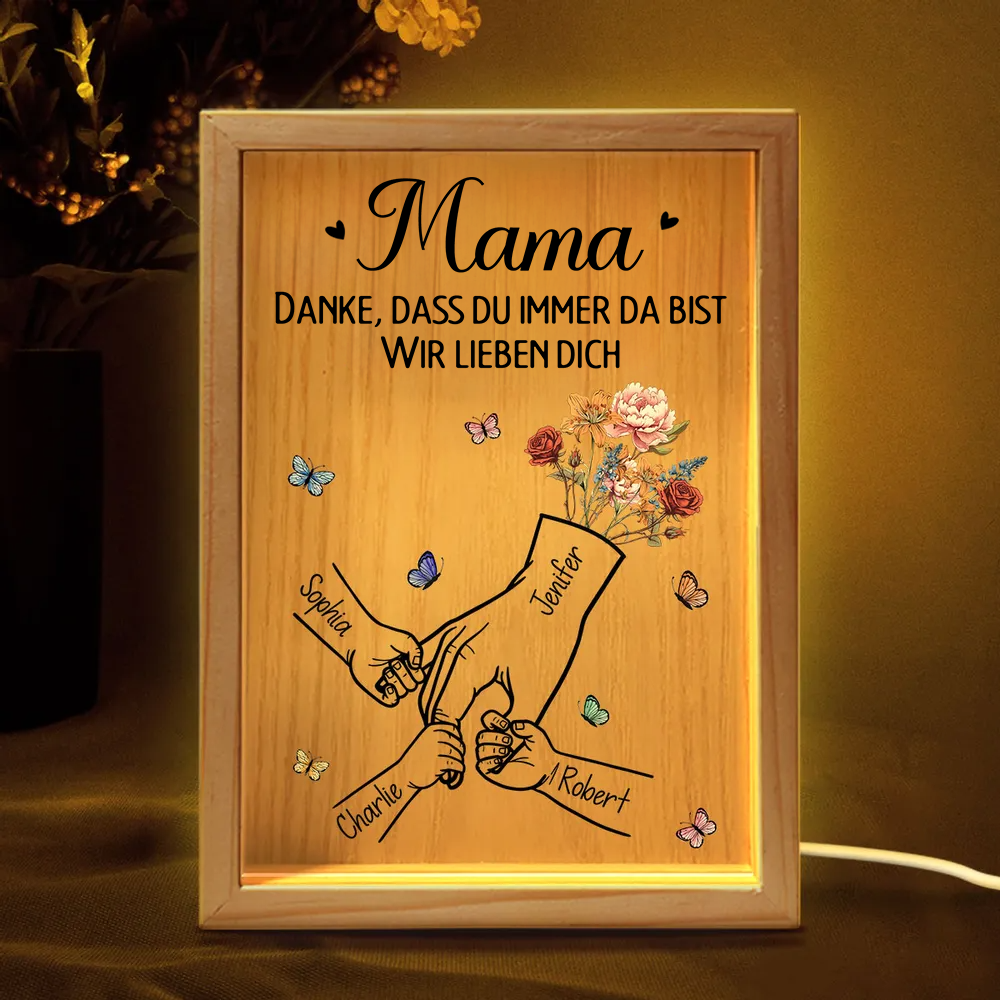 Personalisierte Holzrahmen-Lichtbox mit Hand-in-Hand und Geburtsblumen Geschenk für Mama und Papa