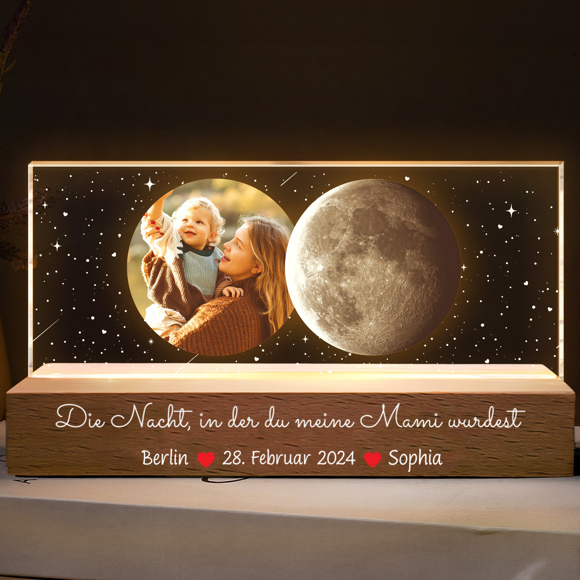 "Die Nacht..." Personalisiertes LED-Nachtlicht mit Foto und Mondphase Geschenk für Mama und Papa