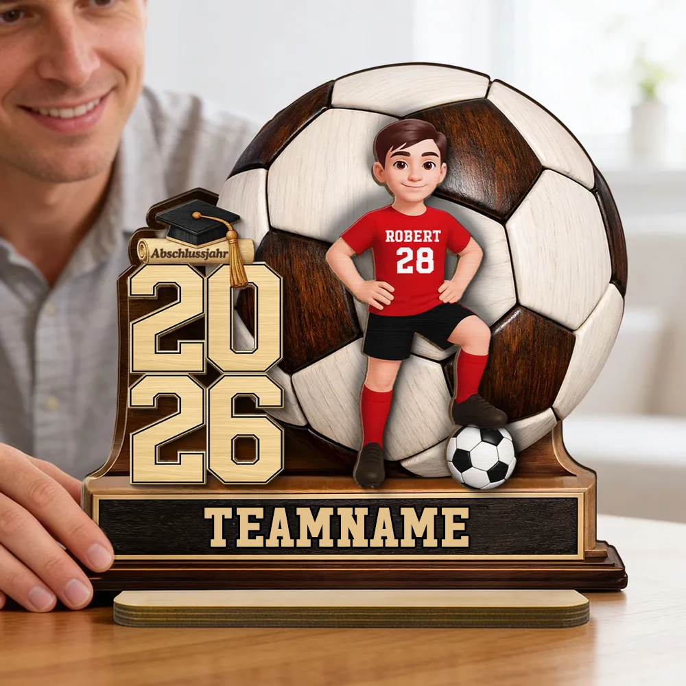 Fußballkind 2026-Personalisierter Holzaufsteller mit Figur und Text Geschenk zum Abschluss für Tochter und Sohn