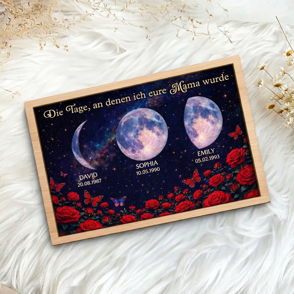 Rosen und Mondphasen - Personalisierter Holzaufsteller für Mama