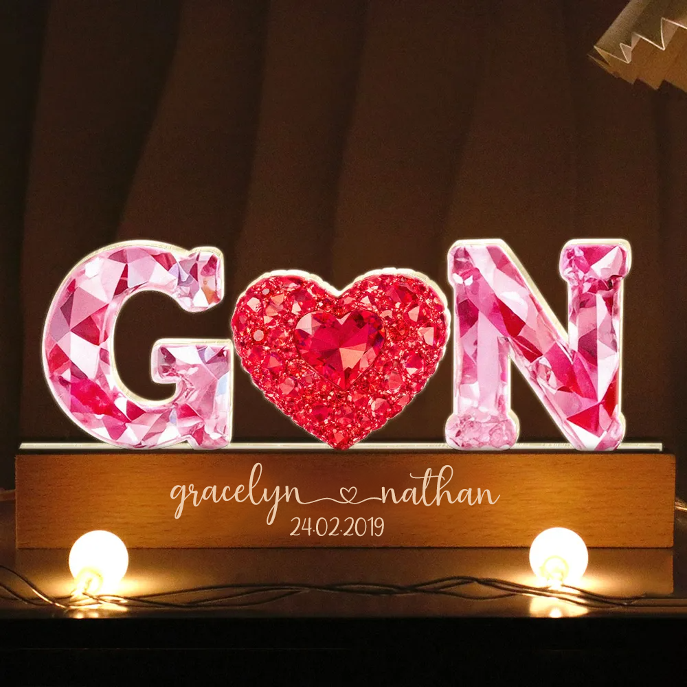 Rosa Herz - Personalisierte LED-Nachtlicht mit 2 Buchstaben für Paar
