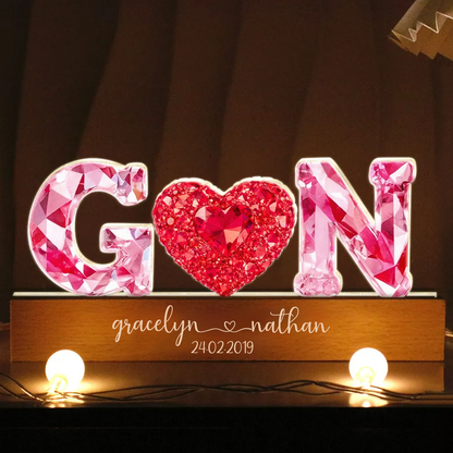 Rosa Herz - Personalisierte LED-Nachtlicht mit 2 Buchstaben für Paar