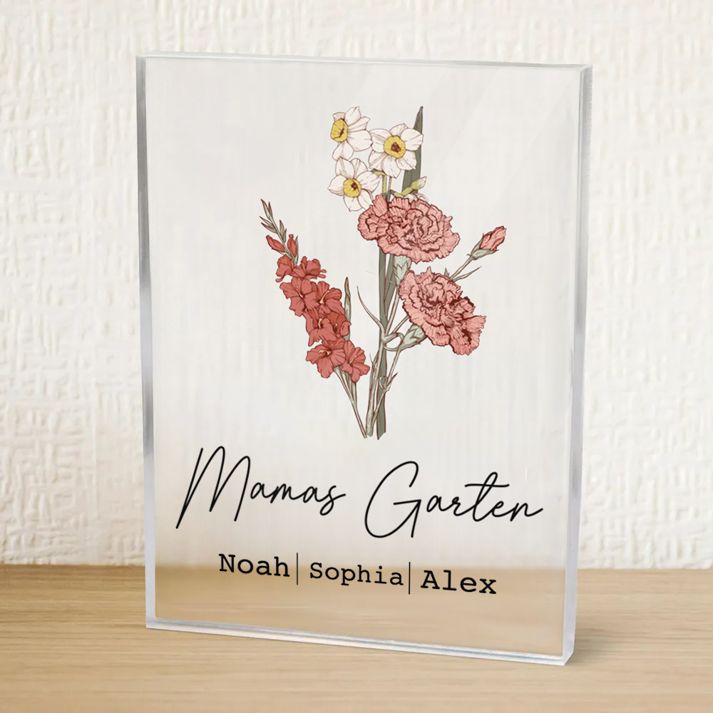 Personalisierter Acrylblock mit Geburtsblumenstrauß, Text und Namen Geschenk für Mama und Oma