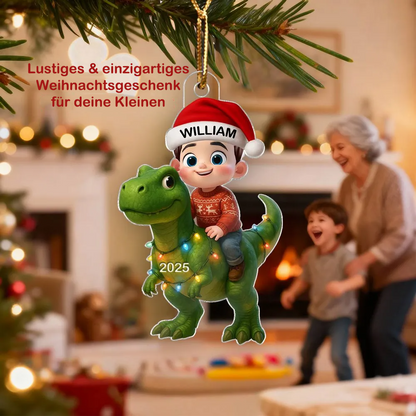 Süßes Kind mit Dinosaurier – Personalisierte Acryl-Weihnachtsanhänger – Lustiges Geschenk für Kinder & Enkel