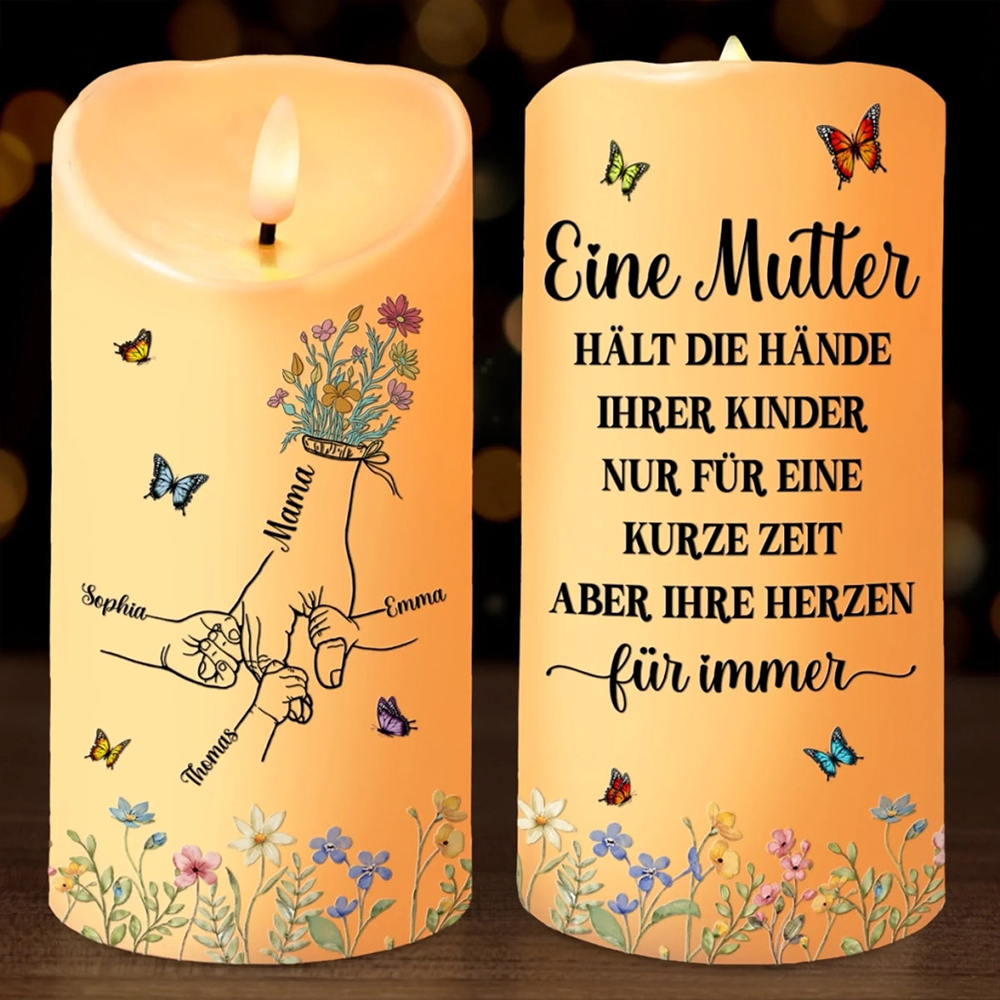 Personalisierte LED-Kerze mit Hand-in-Hand-Motiv Geschenk für Mama und Oma