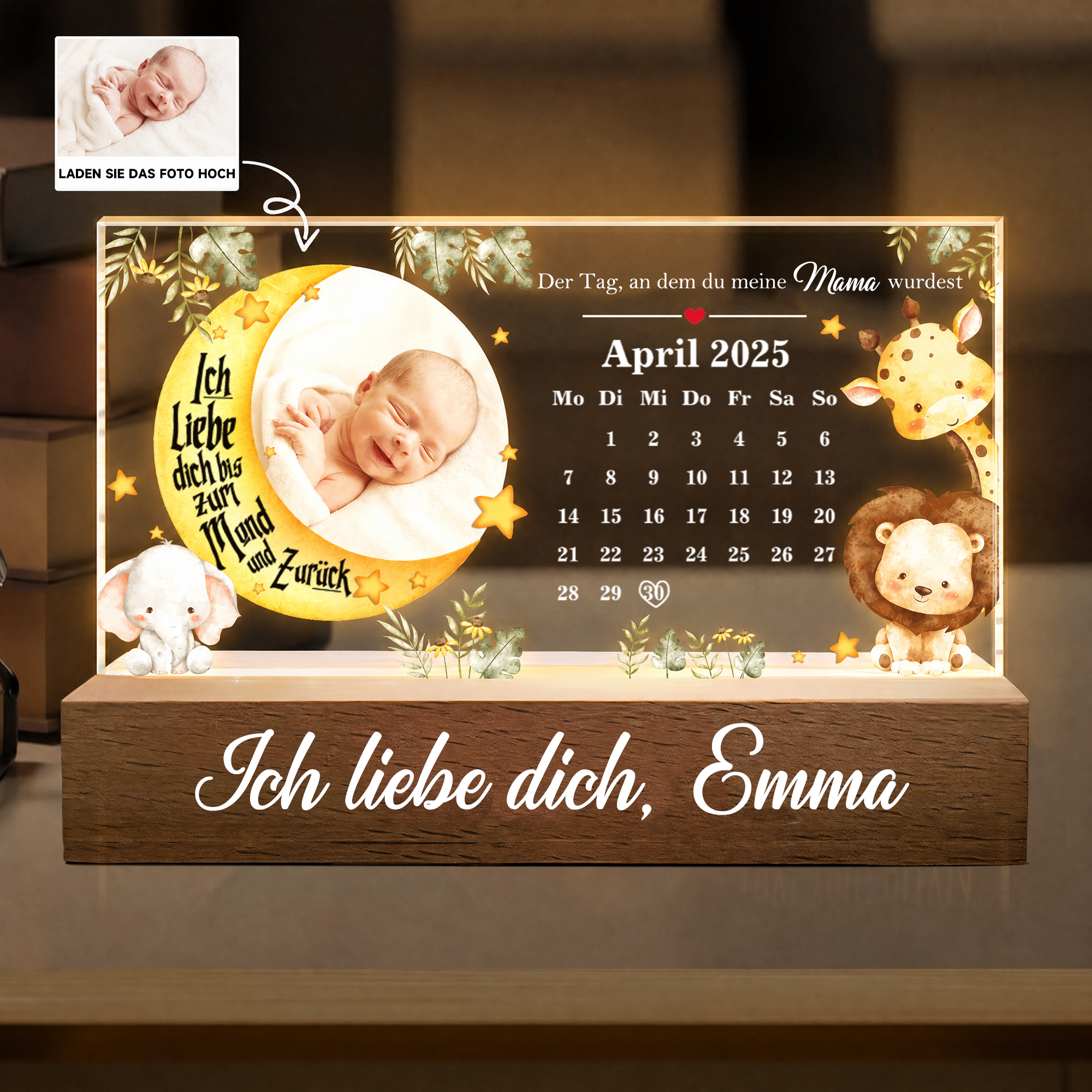 Baby auf dem Mond - Personalisiertes LED Lampe mit Foto und Kalender