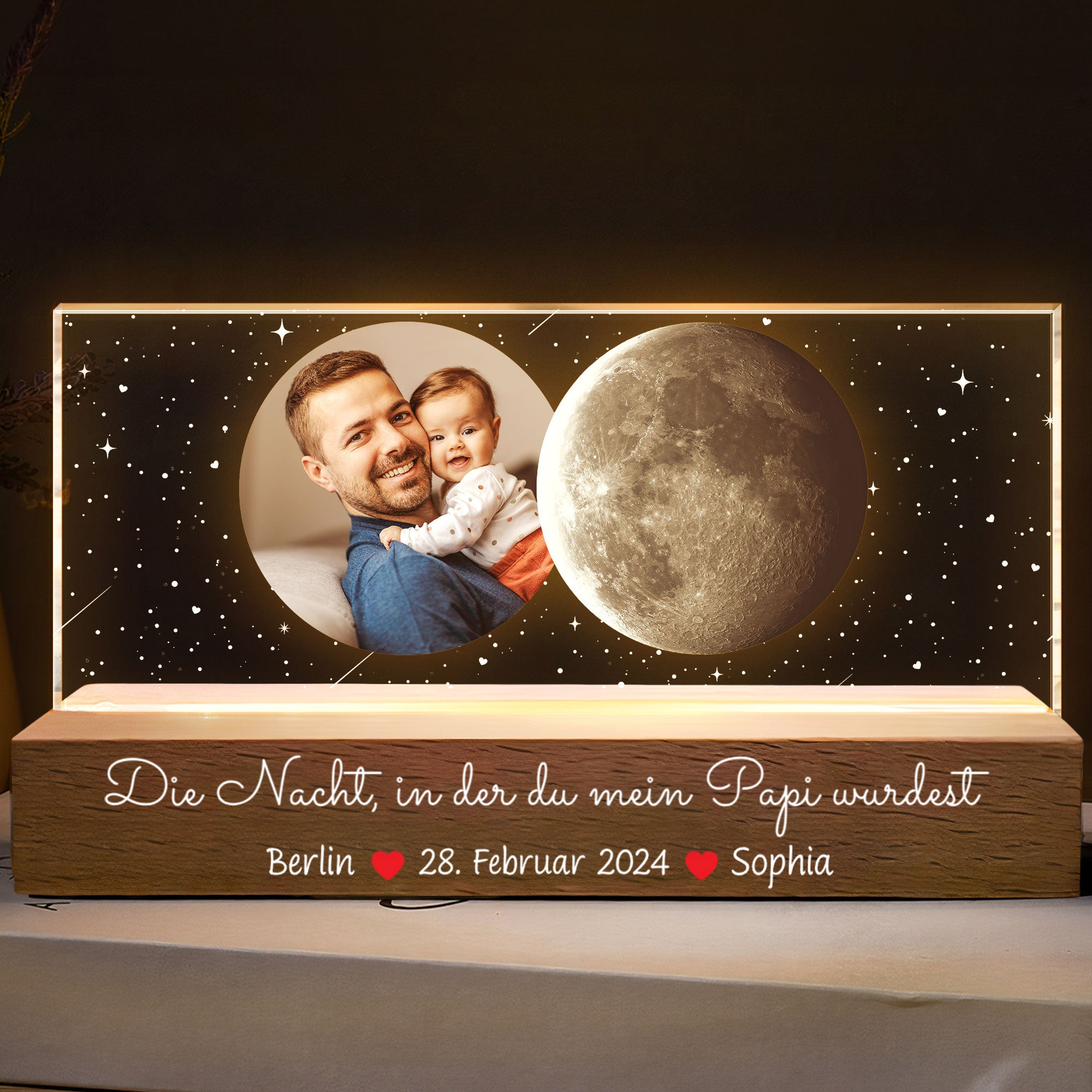 Personalisiertes LED-Nachtlicht mit Mondphase und Foto Geschenk für Papa und Mama