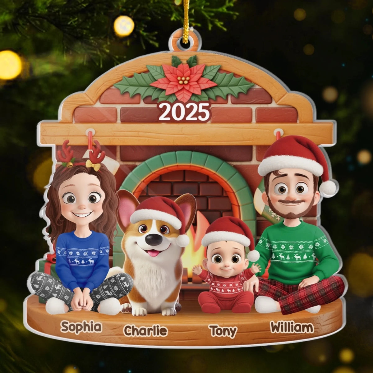 Familie am Kamin - Personalisierter Acrylanhänger mit 2-6 Personen oder Haustiere Christbaumschmuck mit Katze und Hund