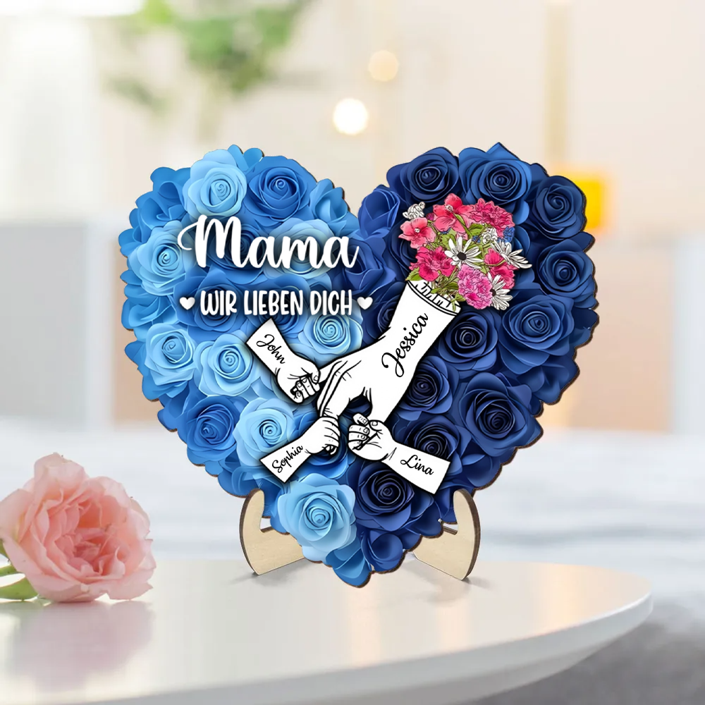 Hand-in-Hand Personalisierter Holzaufsteller mit Rosen Geschenk für Mama und Oma