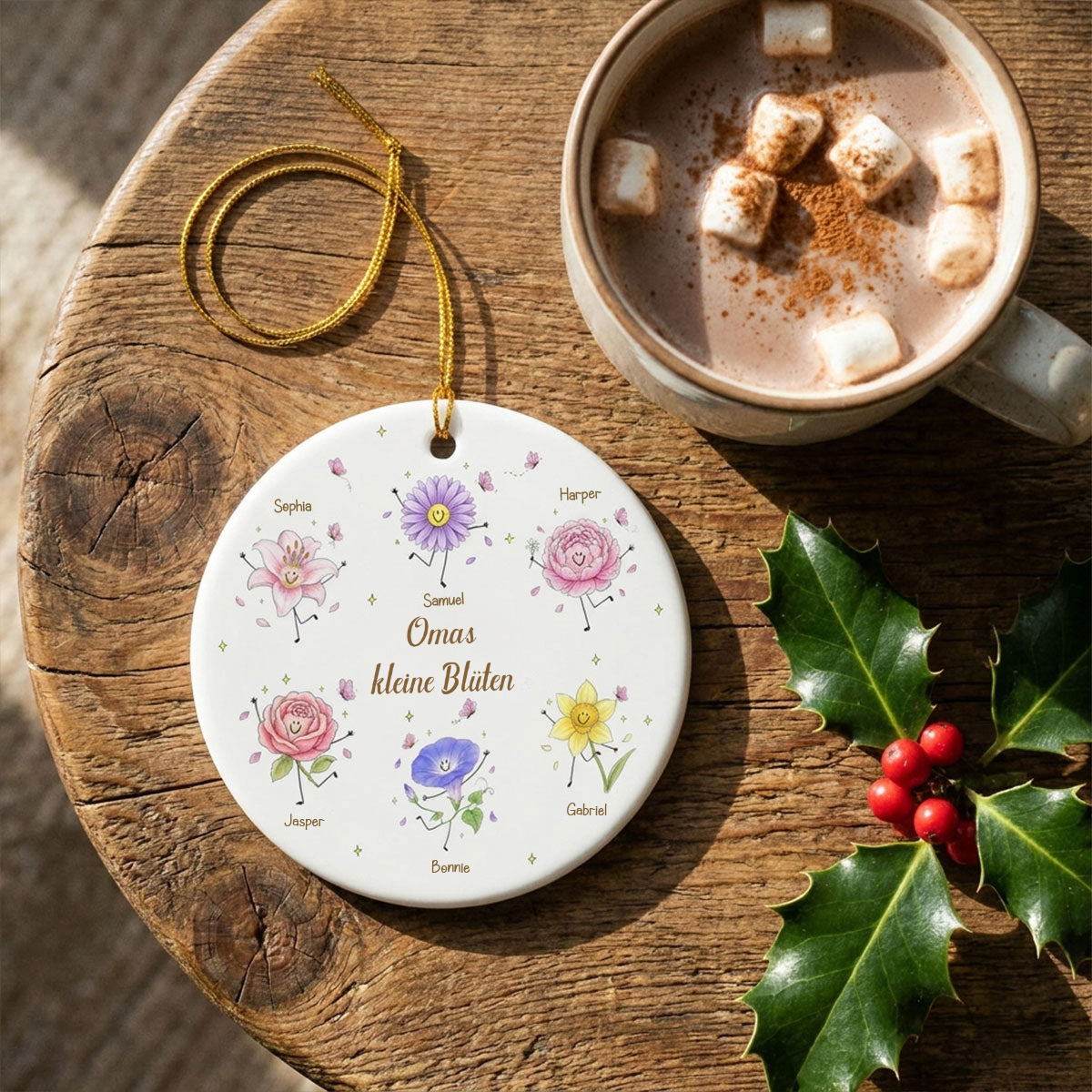 Personalisierter Keramik-Weihnachtsanhänger mit Geburtsblumen & Namen