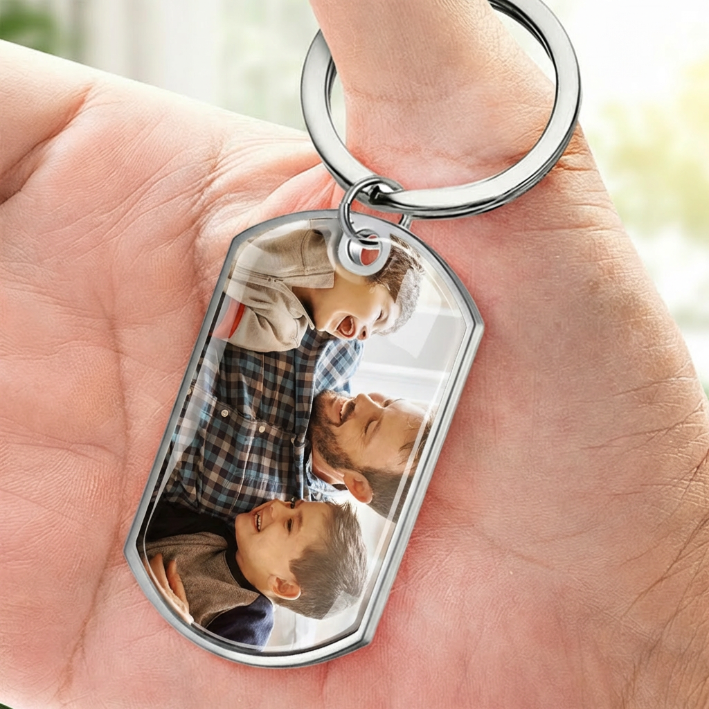 Fausstoß Foto-Edelstahl-Schlüsselanhänger mit Expoxidharz Geschenk für Papa